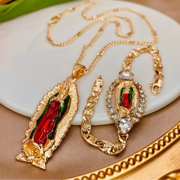 Our Lady Of Guadalupe 3D Enamel Pendant Curb Diamond Cut Design Necklace Gold - Picture 9 of 10